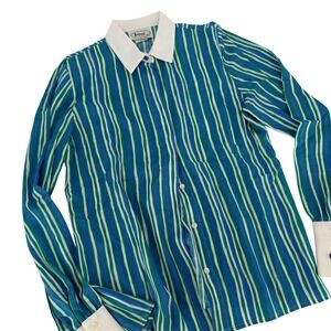 Joyce Sportswear Blue Green Stripe Button Down Shirt Size 10 Collared